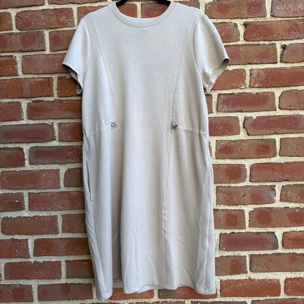 Chicos $129 Zenergy Scuba Bungee Waist Tee Dress tan taupe 3/XL NWOT